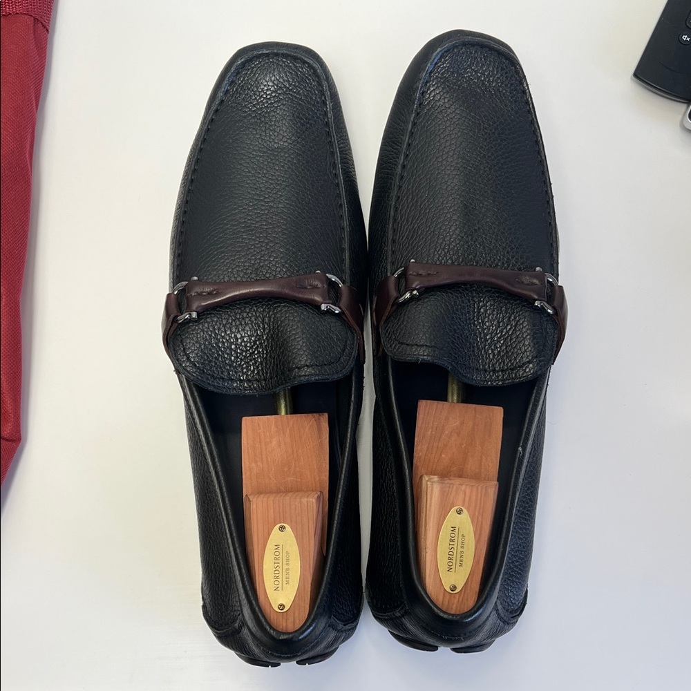 Salvatore Ferragamo Black Leather Loafers with Brown Accents